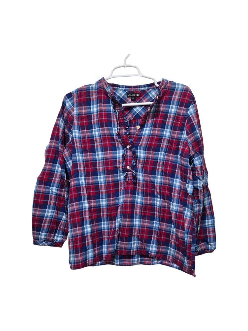 J Crew Mercantile Plaid Ruffle Blouse Medium Red Blue Henley Top